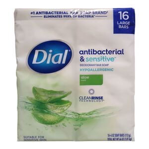Dial Antibacterial & Sensitive Hypoallergenic Bar Soap, Aloe Scent, 4 oz., 16 ct